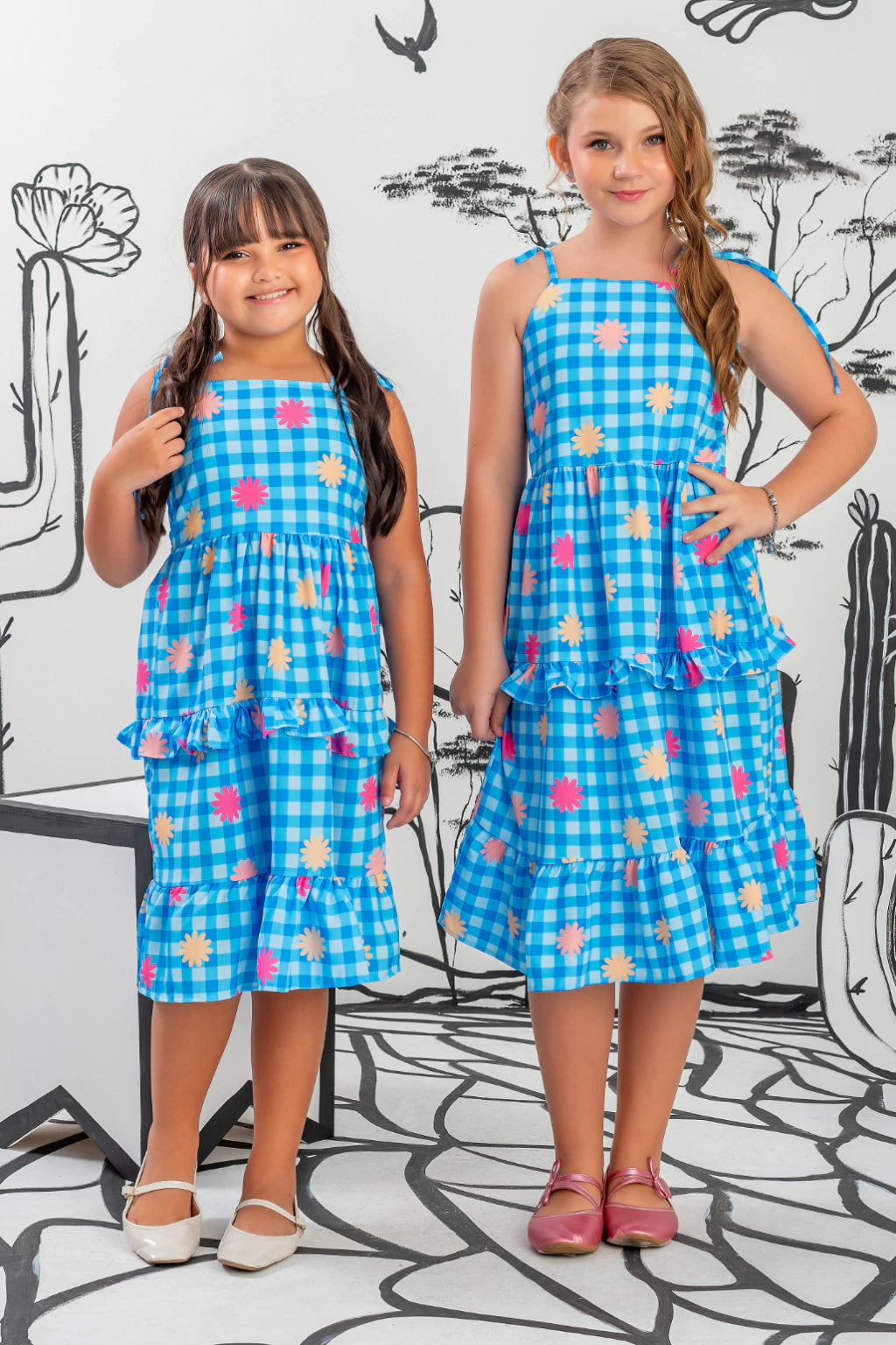 Vestido Infantil Xadrez Midi Azul