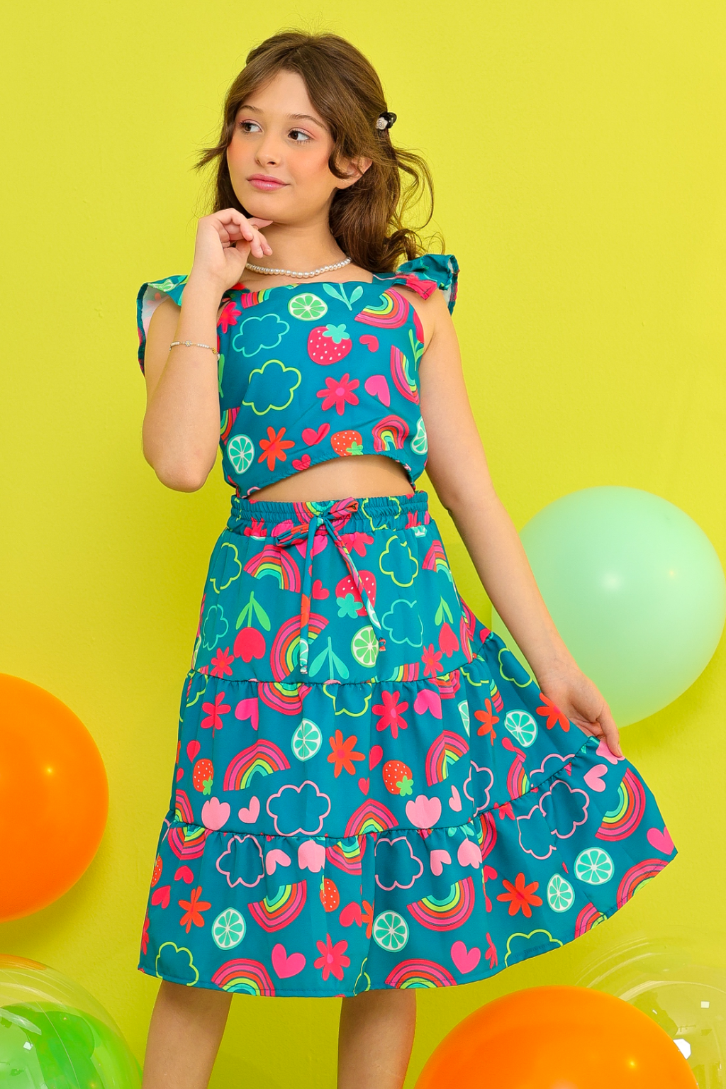 Conjunto Infantil Menina Bárbara Verde (Saia + Cropped)