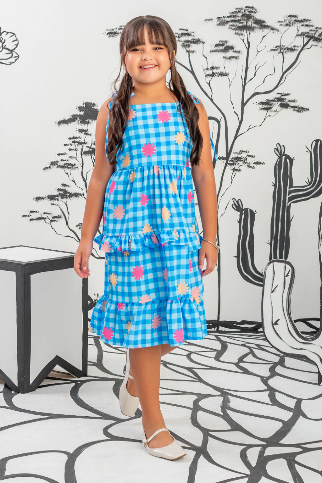 Vestido Infantil Xadrez Midi Azul