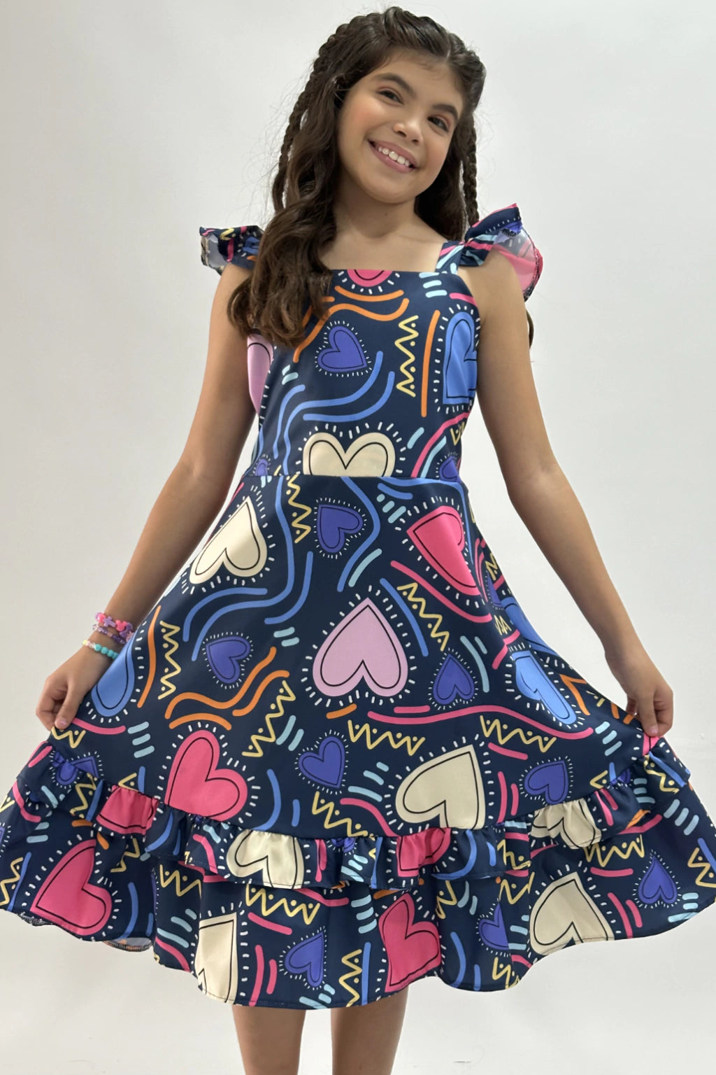 Vestido Infantil Daniele Azul Corações