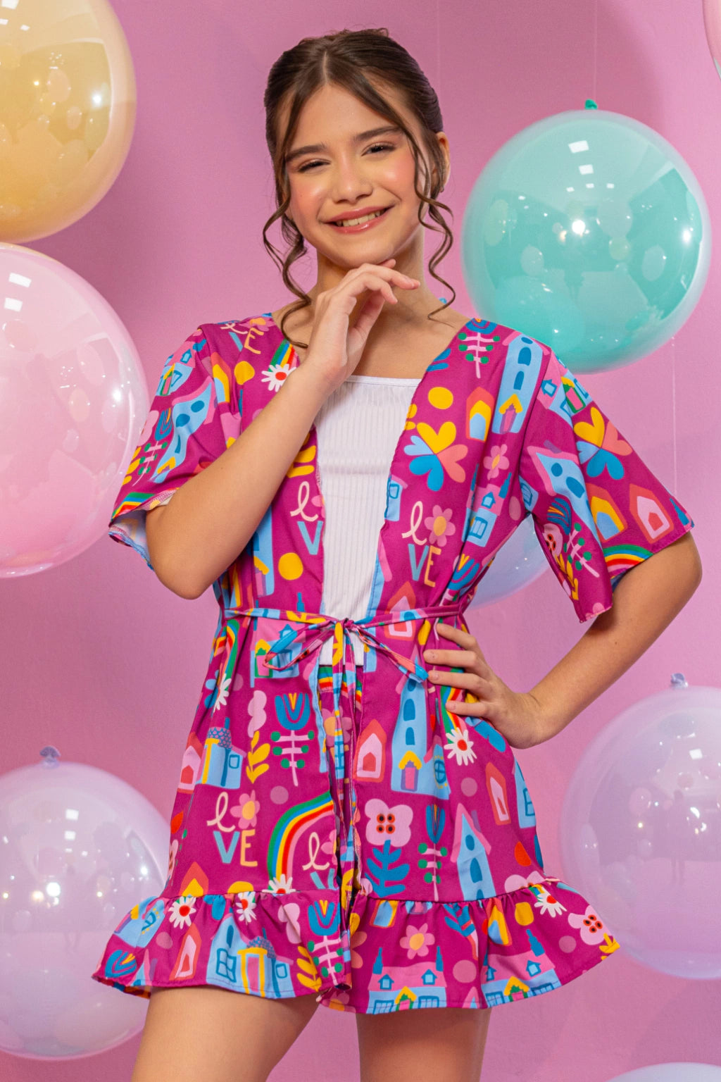 Conjunto Kimono Menina Casinha Love (Short + Blusa + Kimono)
