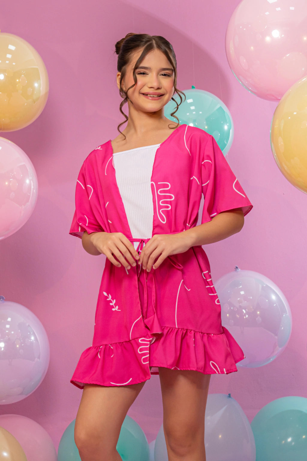 Conjunto Kimono Menina Pink (Short + Blusa + Kimono)