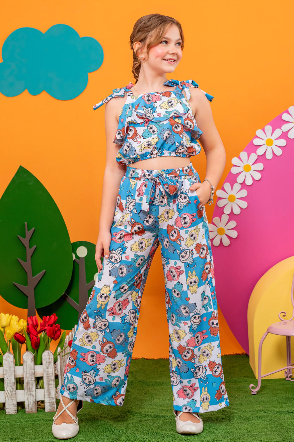 Conjunto Menina Stefany Labubu Azul (Cropped + Calça)-SEM TROCA OU DEVOLUÇÃO
