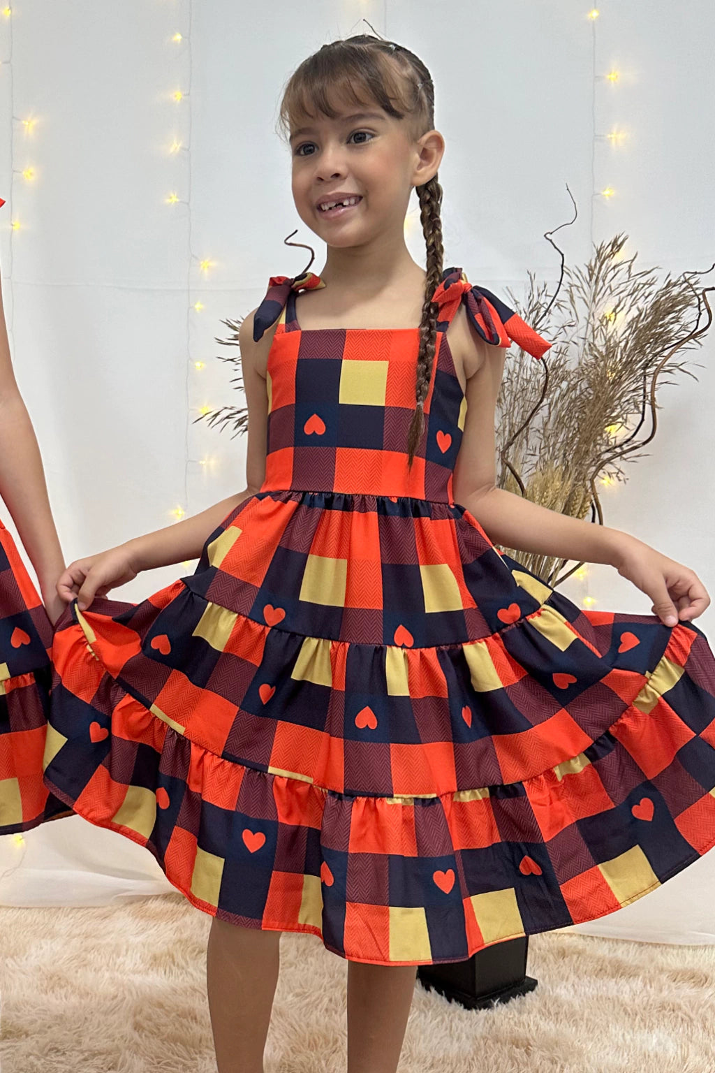 Vestido 3 Marias Xadrez Laranja Corações