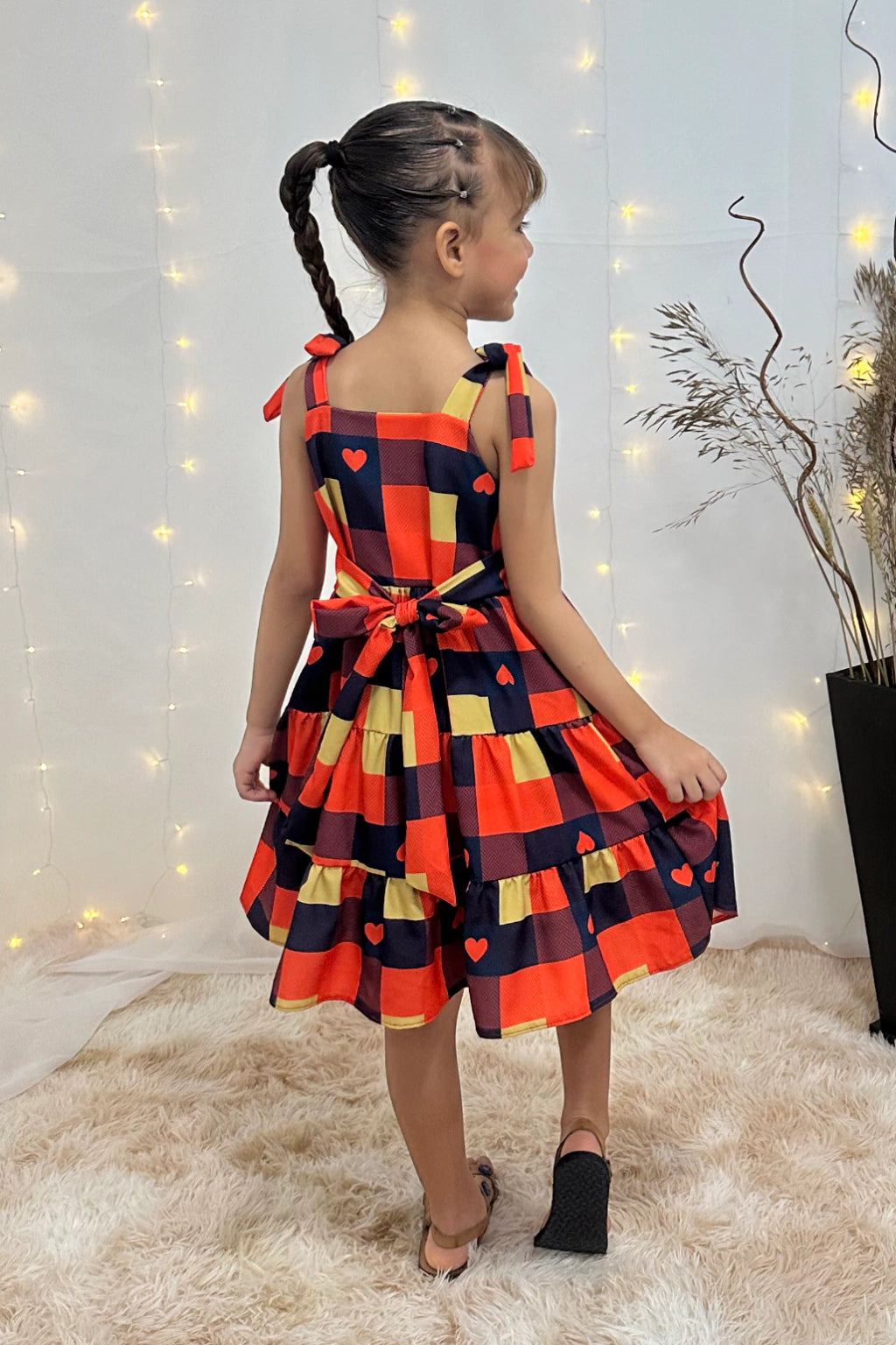 Vestido 3 Marias Xadrez Laranja Corações