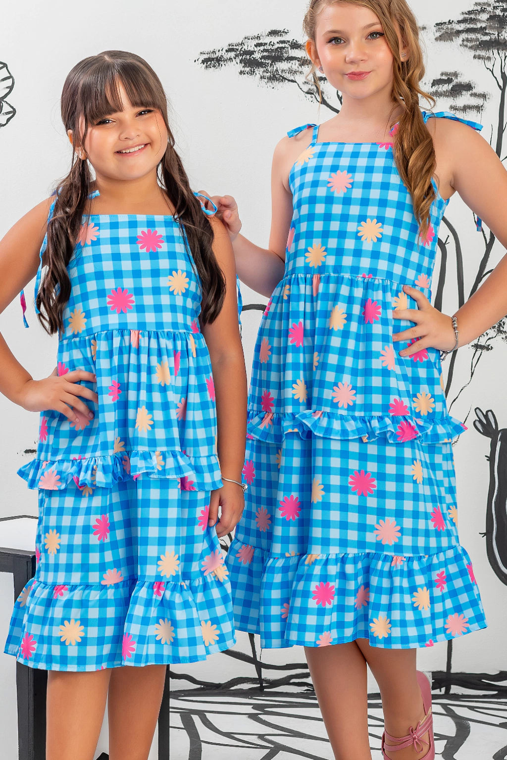 Vestido Infantil Xadrez Midi Azul