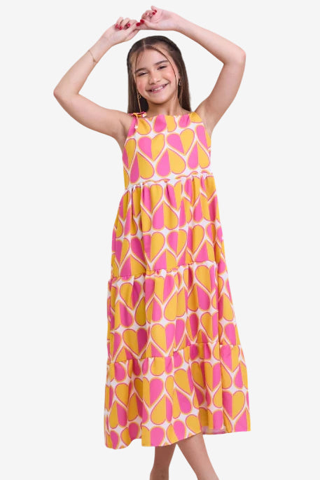 Vestido Infantil Longo Eleonor Amarelo e Rosa