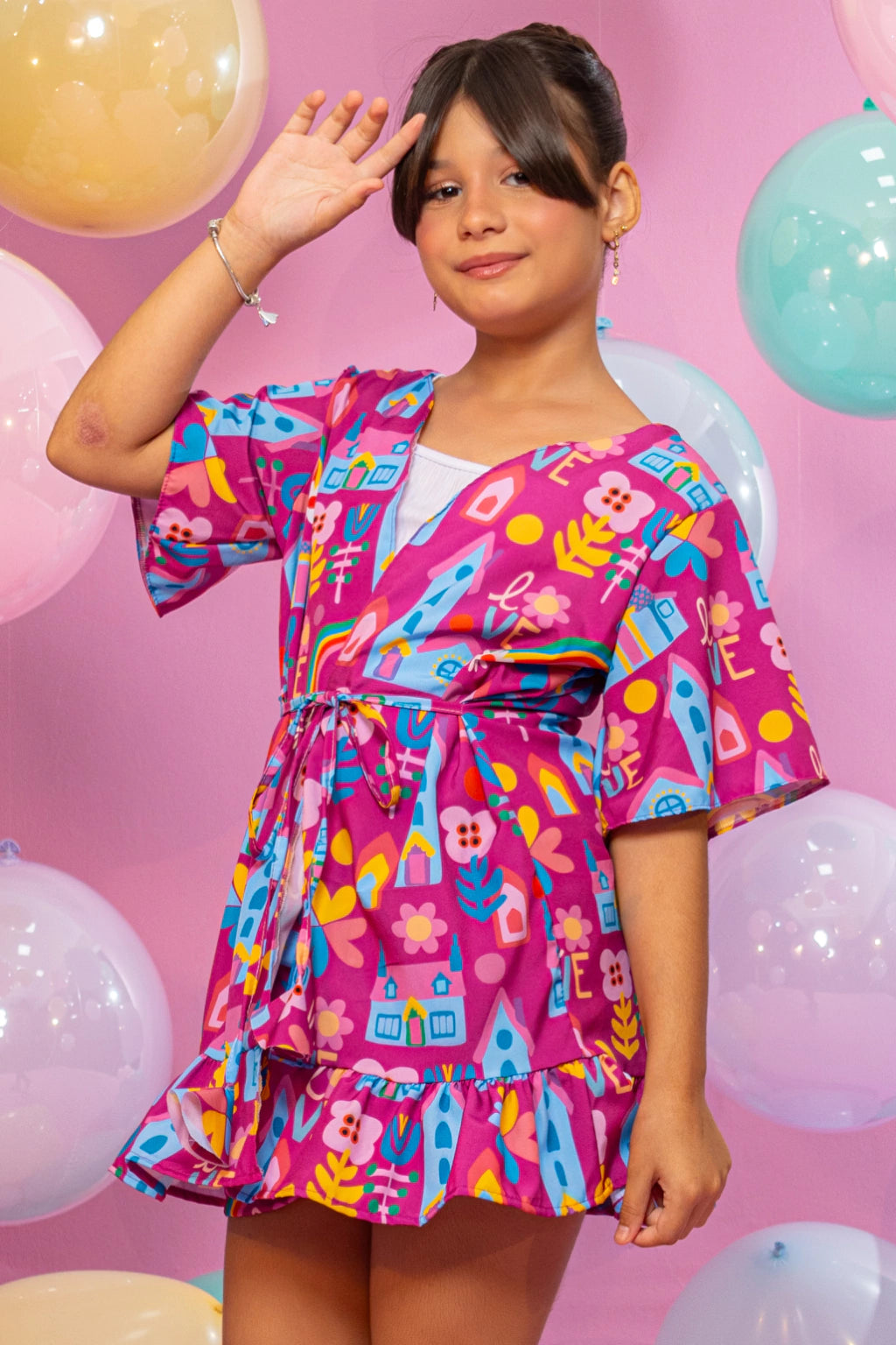 Conjunto Kimono Menina Casinha Love (Short + Blusa + Kimono)