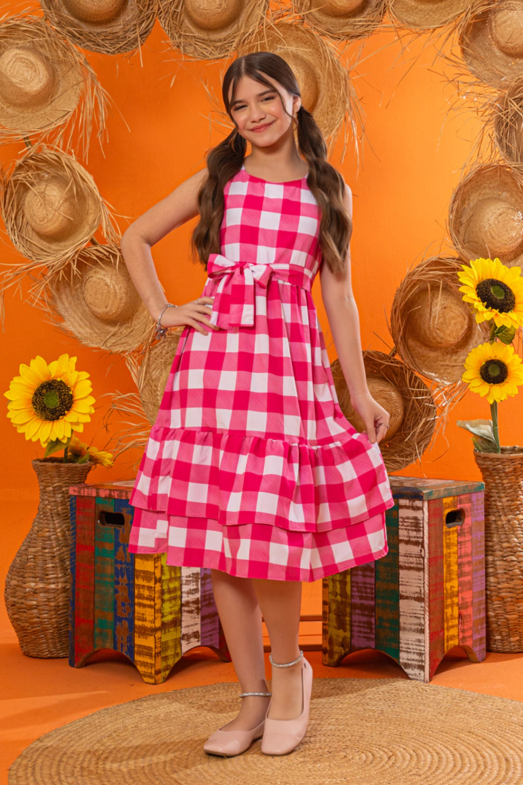 Vestido Infantil Xadrez Maju Pink