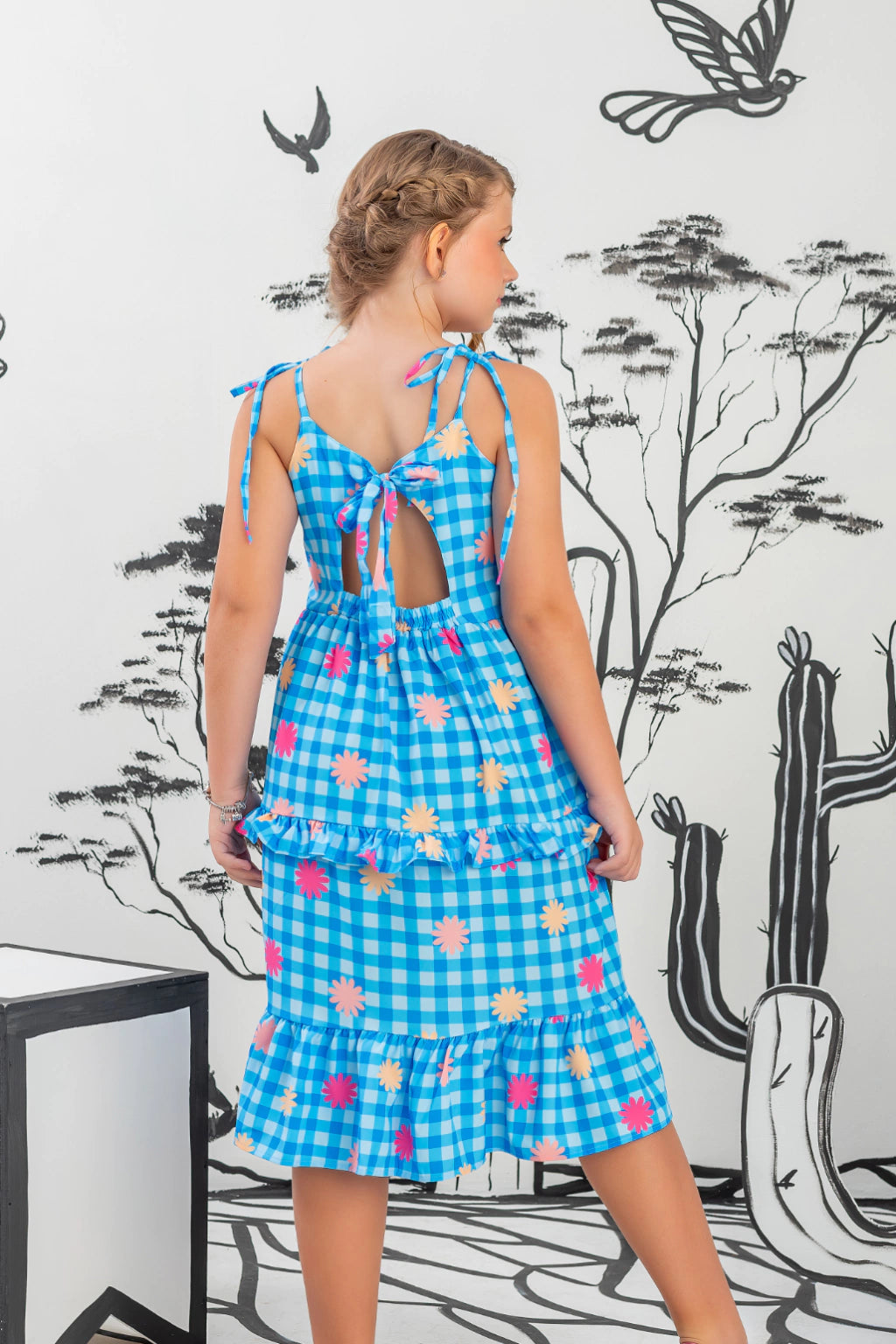 Vestido Infantil Xadrez Midi Azul