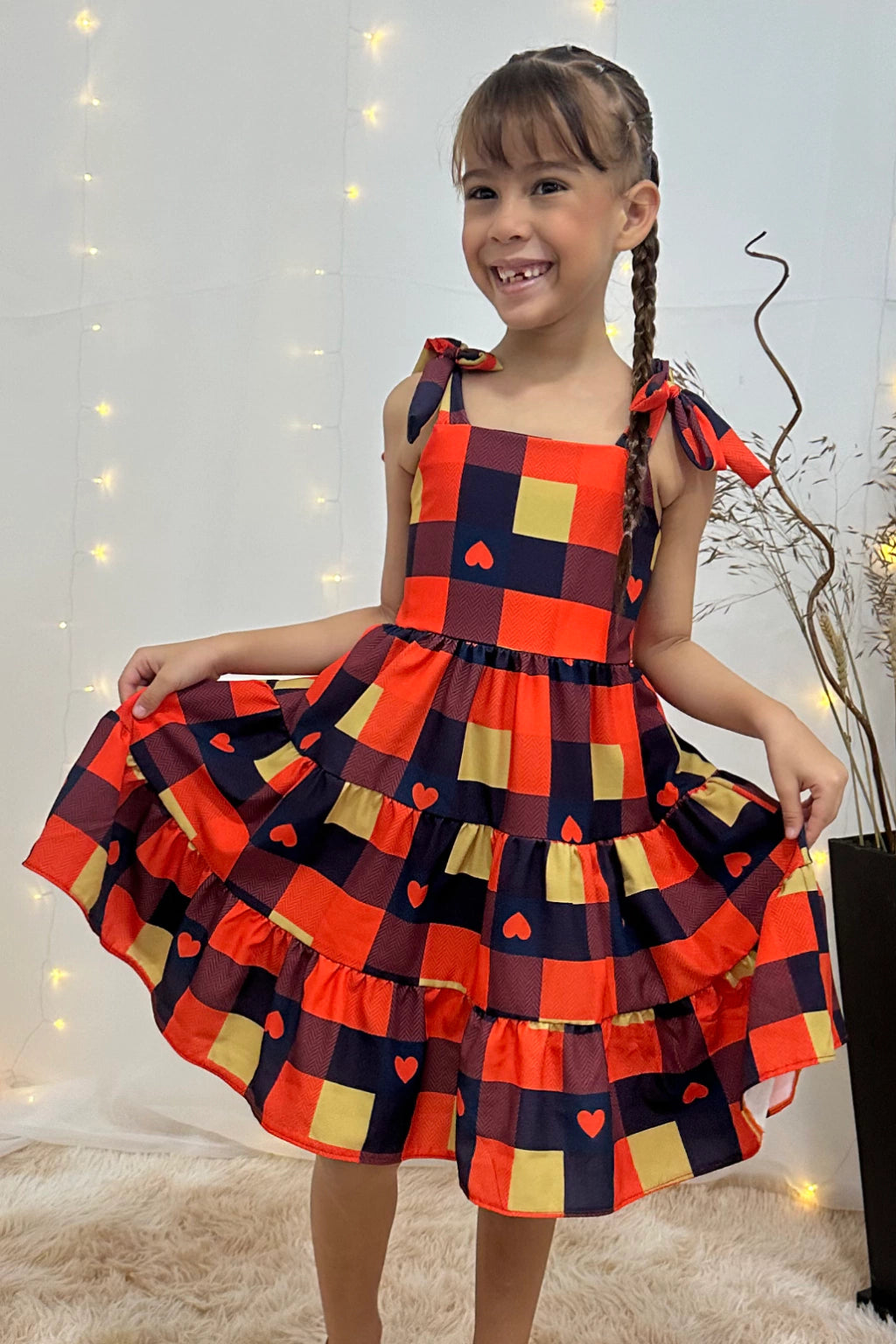 Vestido 3 Marias Xadrez Laranja Corações