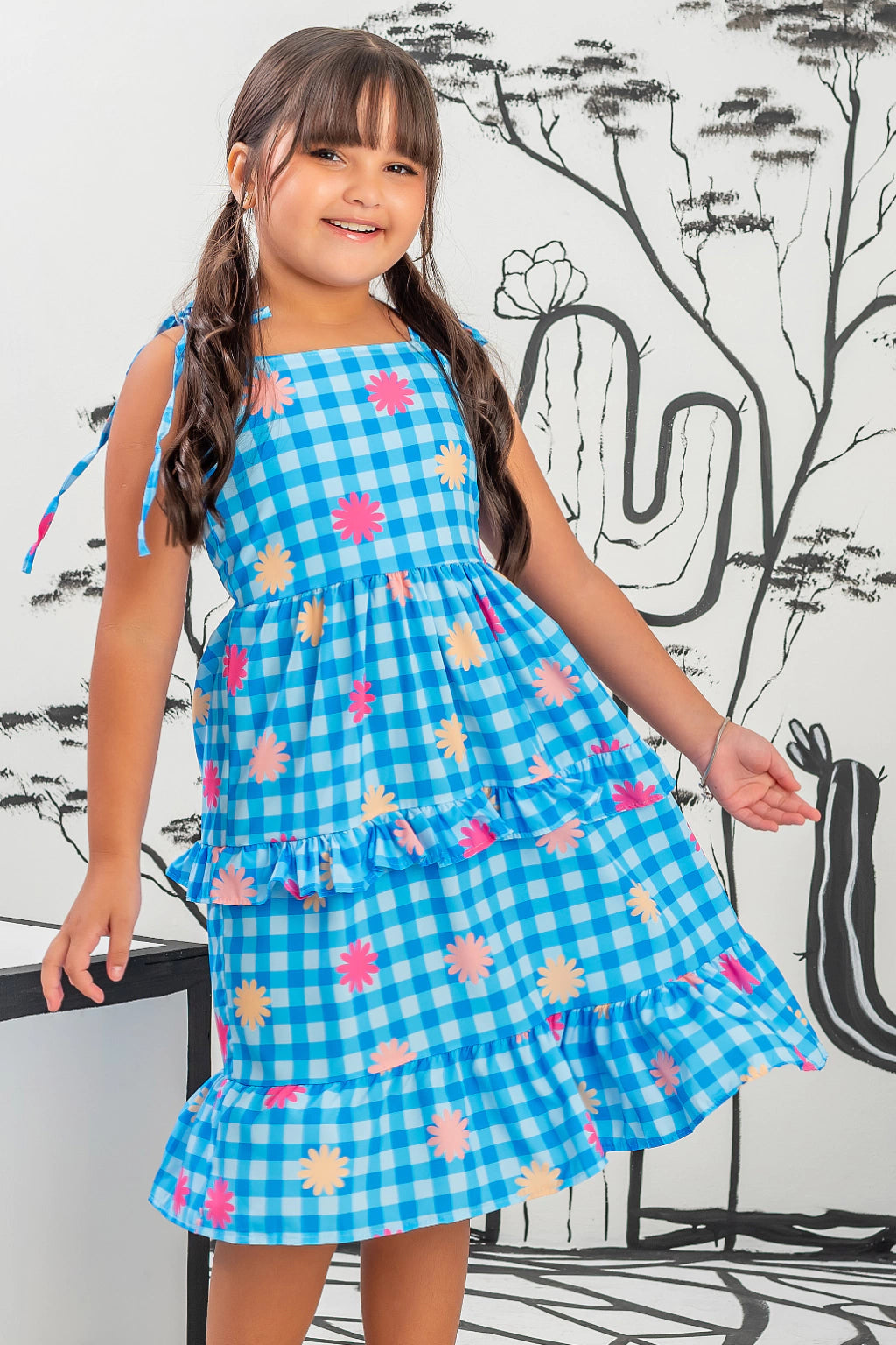 Vestido Infantil Xadrez Midi Azul