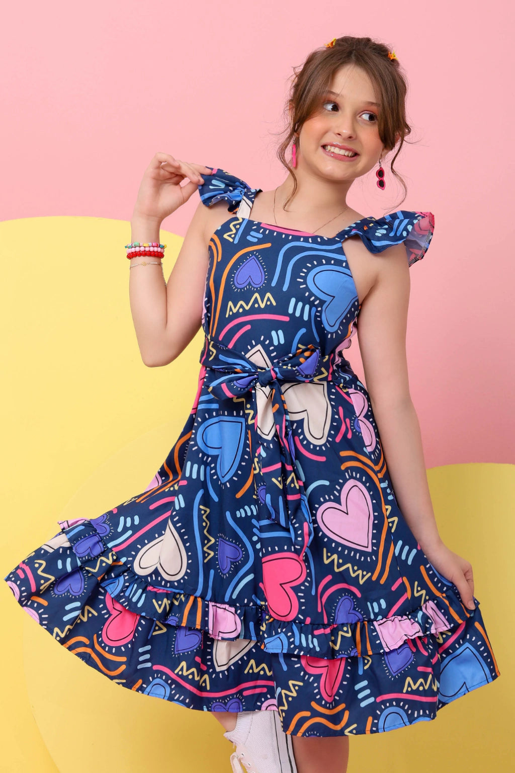 Vestido Infantil Daniele Azul Corações