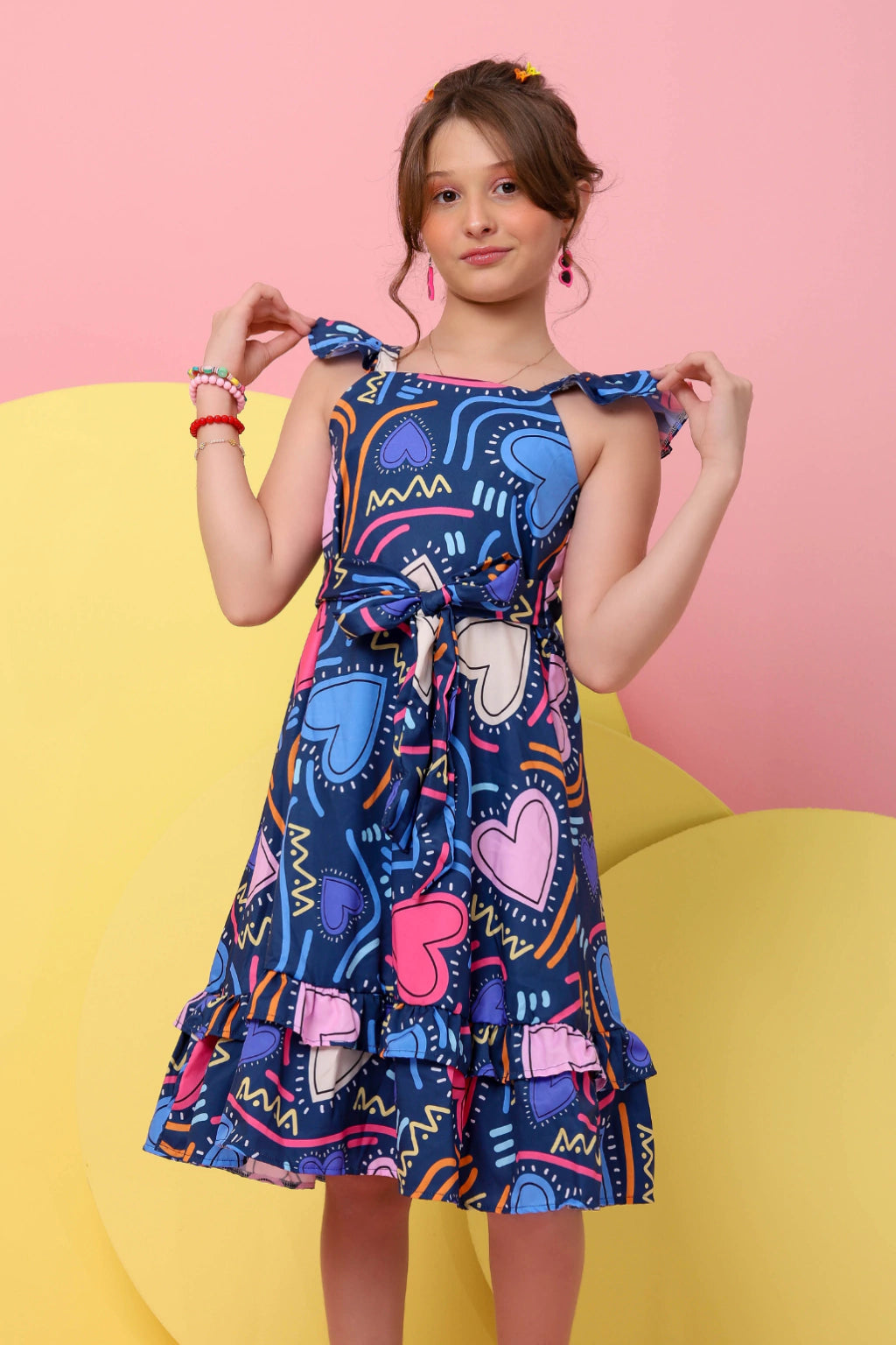 Vestido Infantil Daniele Azul Corações