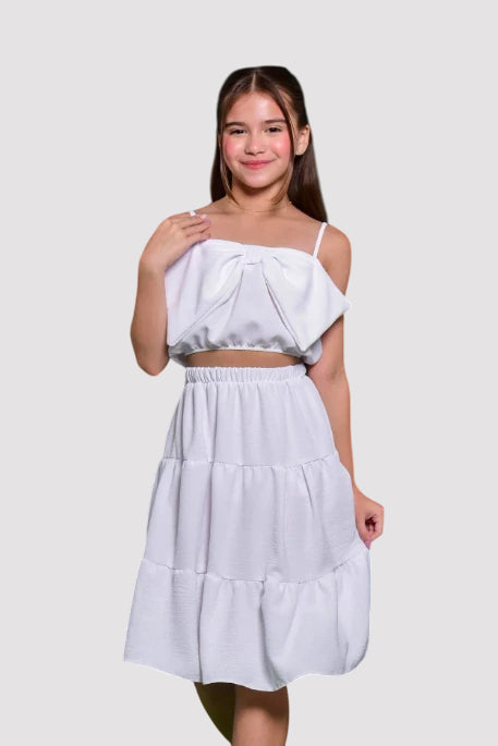 Conjunto Infantil Menina Alice Branco (cropped + saia com forro) SEM TROCA OU DEVOLUÇÃO
