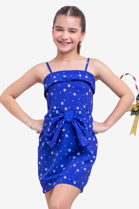 Vestido Infantil Max Laço Azul Estrela - SEM TROCA OU DEVOLUÇÃO