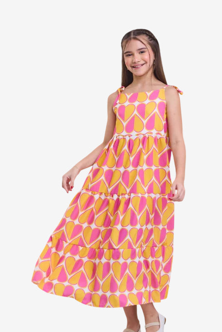 Vestido Infantil Longo Eleonor Amarelo e Rosa